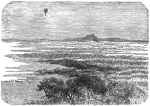 De ballon bevond zich boven Mrima, welken naam de oostkust van Afrika daar draagt.