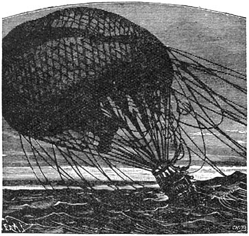 Een luchtballon door een windhoos medegesleept.