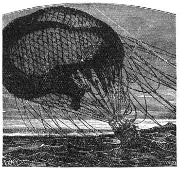 Een luchtballon door een windhoos medegesleept.