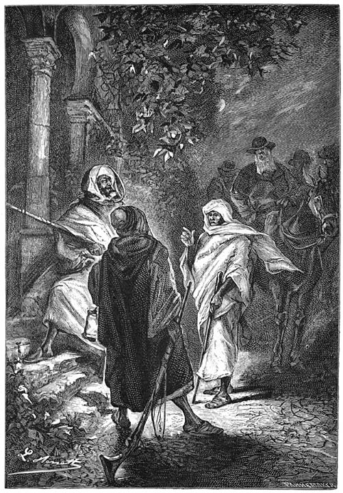 Dan traden een of twee Marokkanen met eene smokende lantaarn in de hand, naar buiten, om met den gids te spreken. (Bladz. 147.)